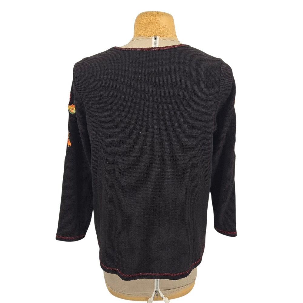 Quacker Factory Waffle Knit Top Women 1X Black Fall Leaves Embroidered Casual - Picture 5 of 11